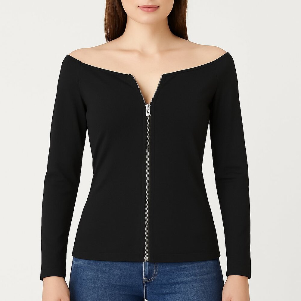 INK (NWOT) Black Off-Shoulder Zip-Up Jacket Women's Long Sleeve Fitted Blazer 38